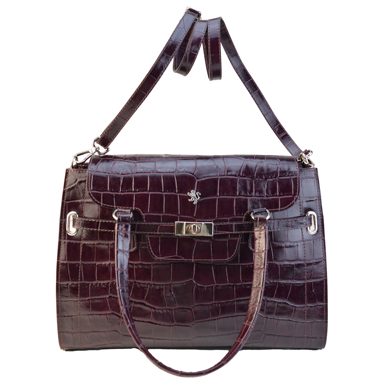 Pratesi Baratti Handbag in Croco-Embossed Italian Leather - Black