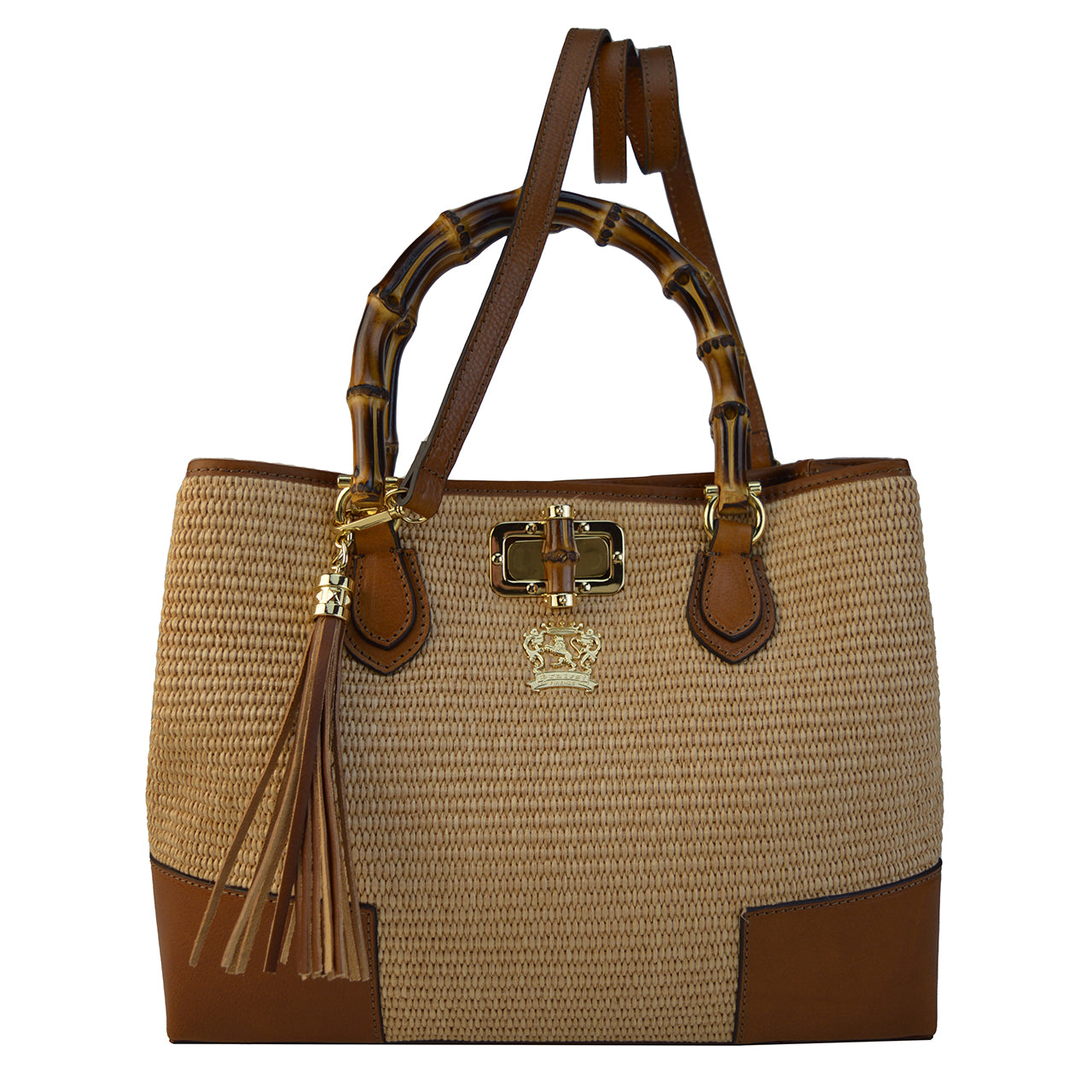 Bolsa de ombro Pratesi Sarteano com alça de bambu S291/PCE - Conhaque Verão