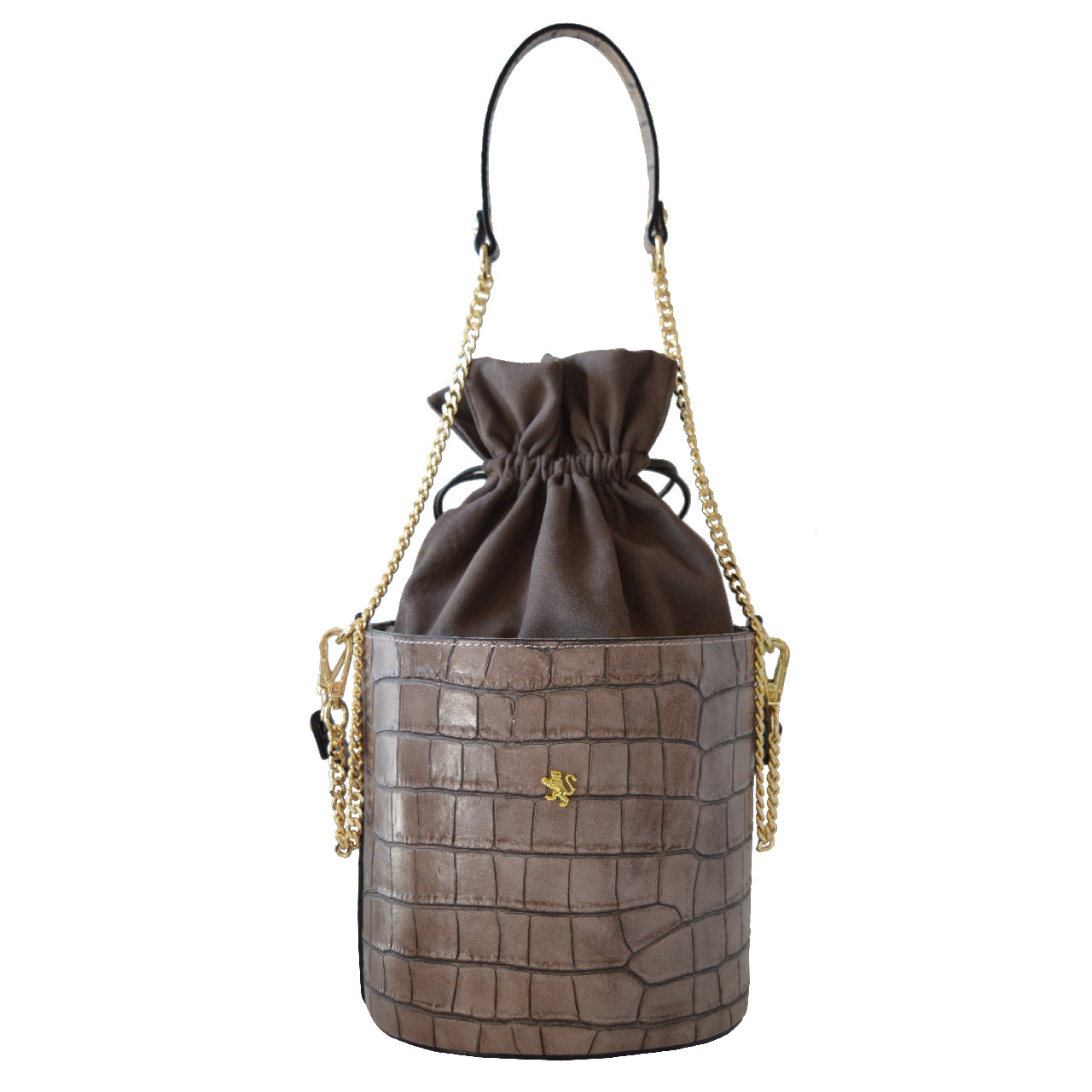 Bolsa Pratesi Secchiello Lady K335 em couro italiano genuíno - Couro com textura de crocodilo marrom