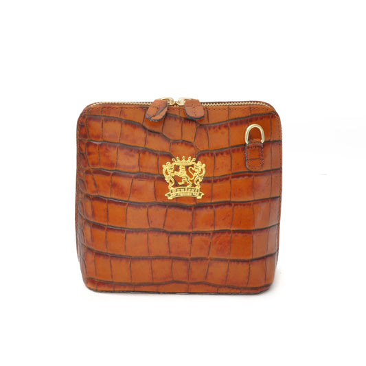 Pratesi Volterra King Lady Bag in real leather - Croco Embossed Leather Cognac - SZN